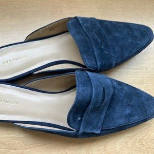 Ann Taylor navy blue suede loafer slides, size 8.5, gently worn